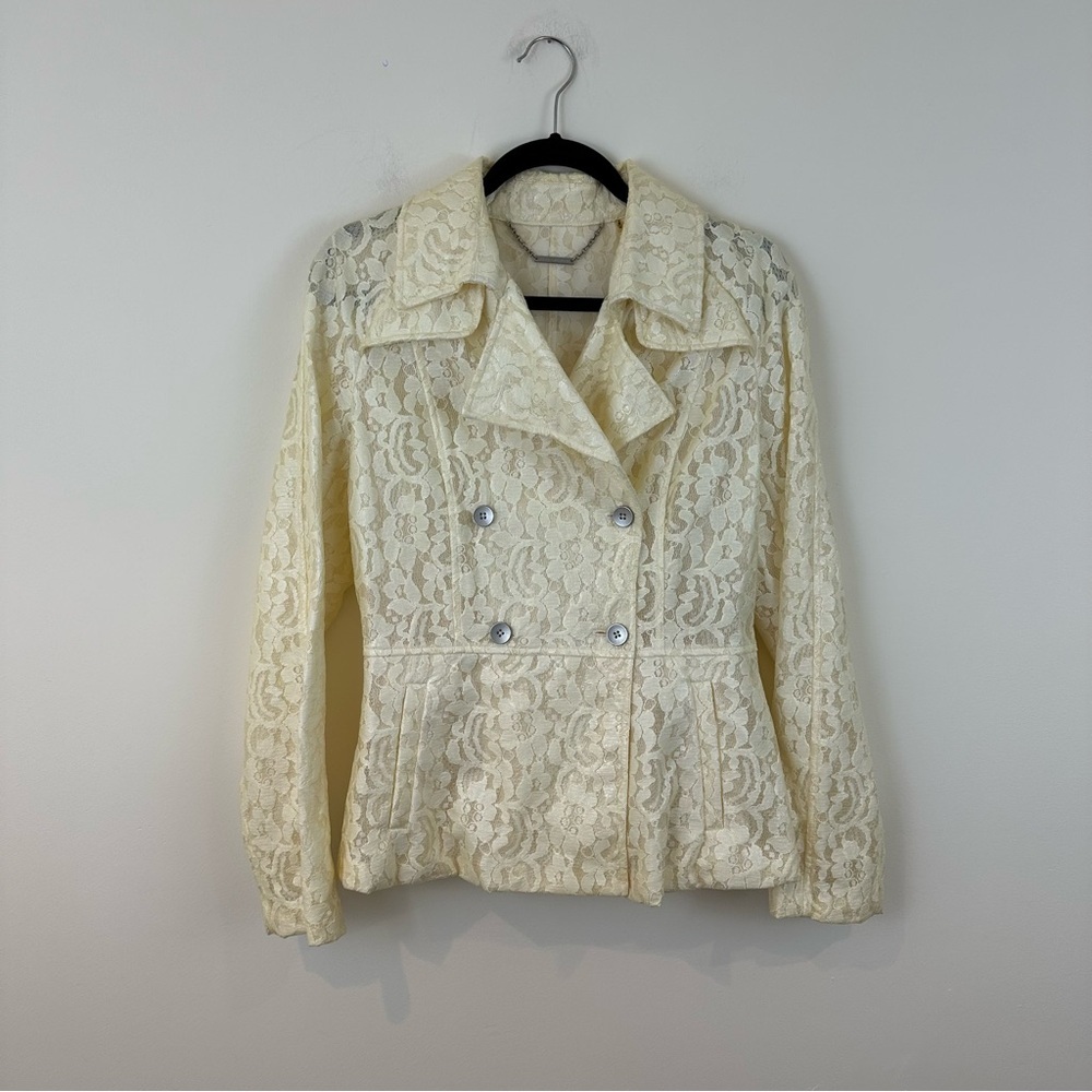 Elie Tahari Irving Floral Lace Rain Coat Jacket Cream Butter Yellow Medium